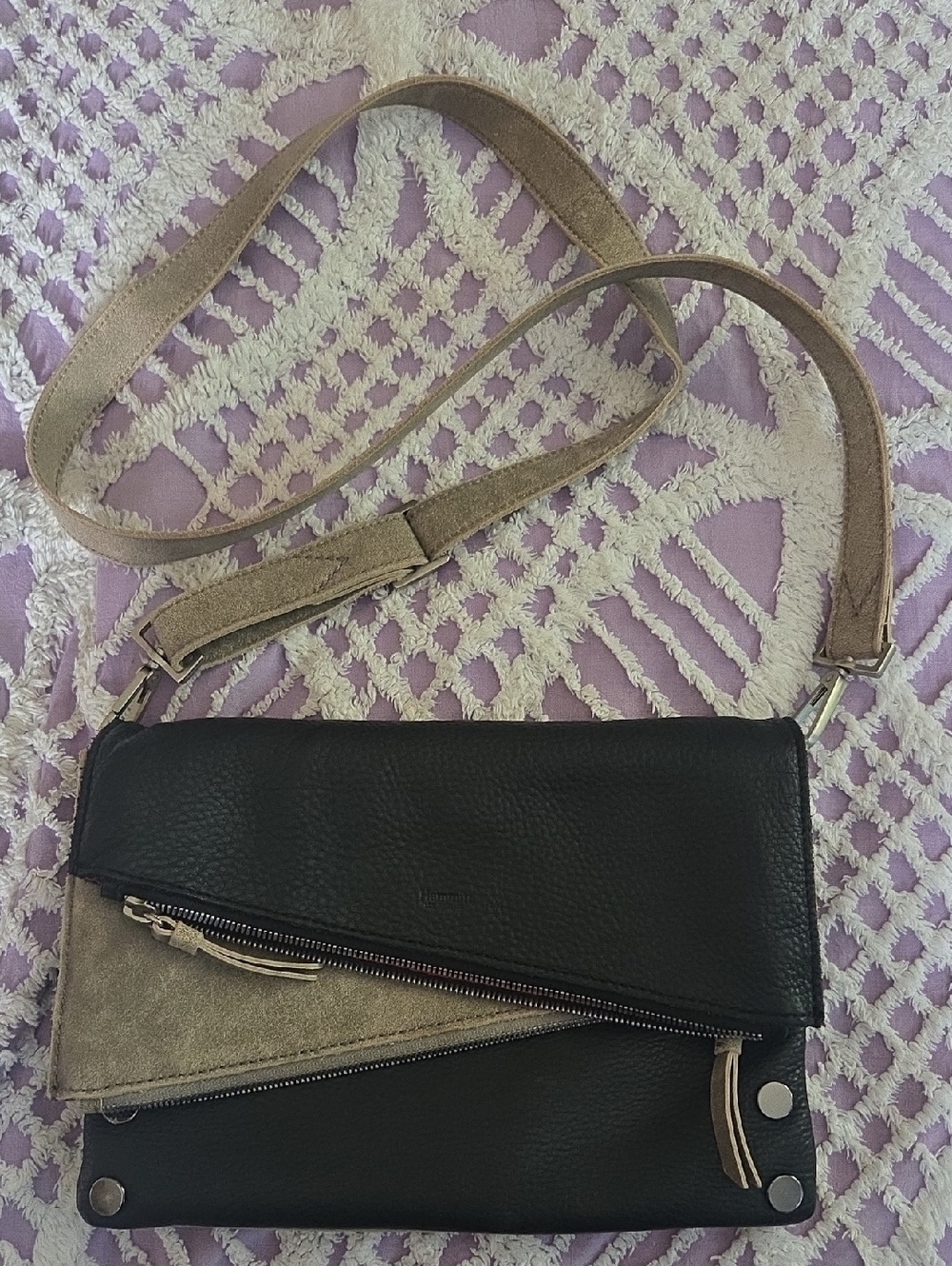 Hammitt Black Pebbled & Distressed Grey Leather Foldover Crossbody Bag